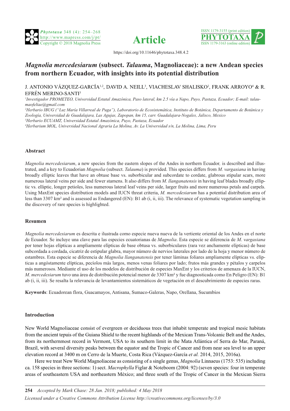 Subsect. Talauma, Magnoliaceae): a New Andean Species from Northern Ecuador, with Insights Into Its Potential Distribution