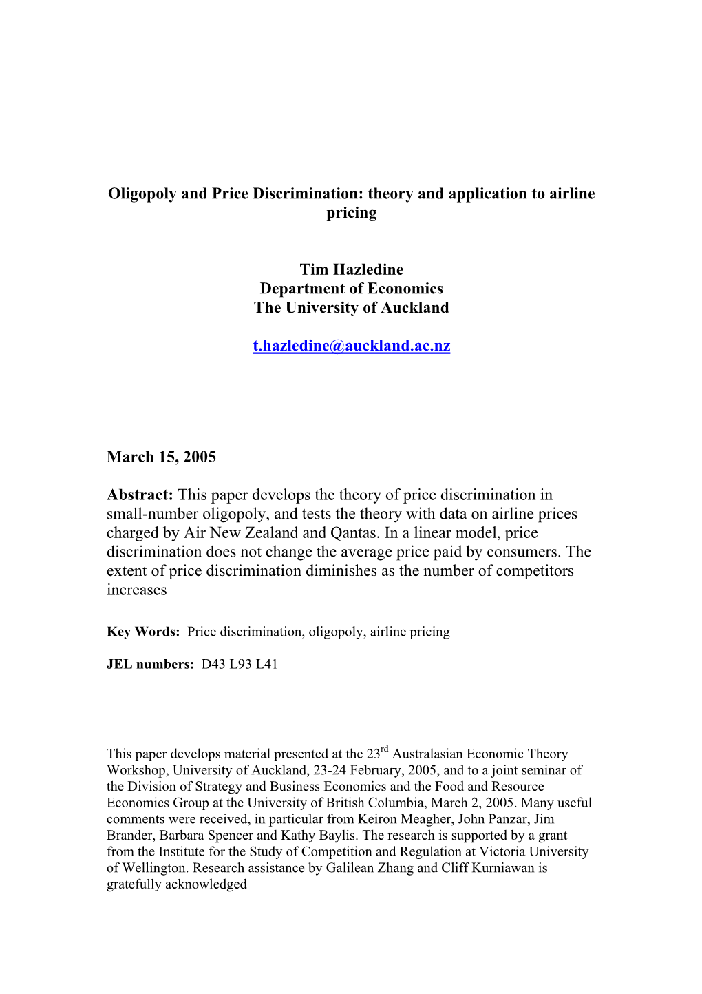 Oligopoly and Price Discrimination: Theory and Application to Airline Pricing