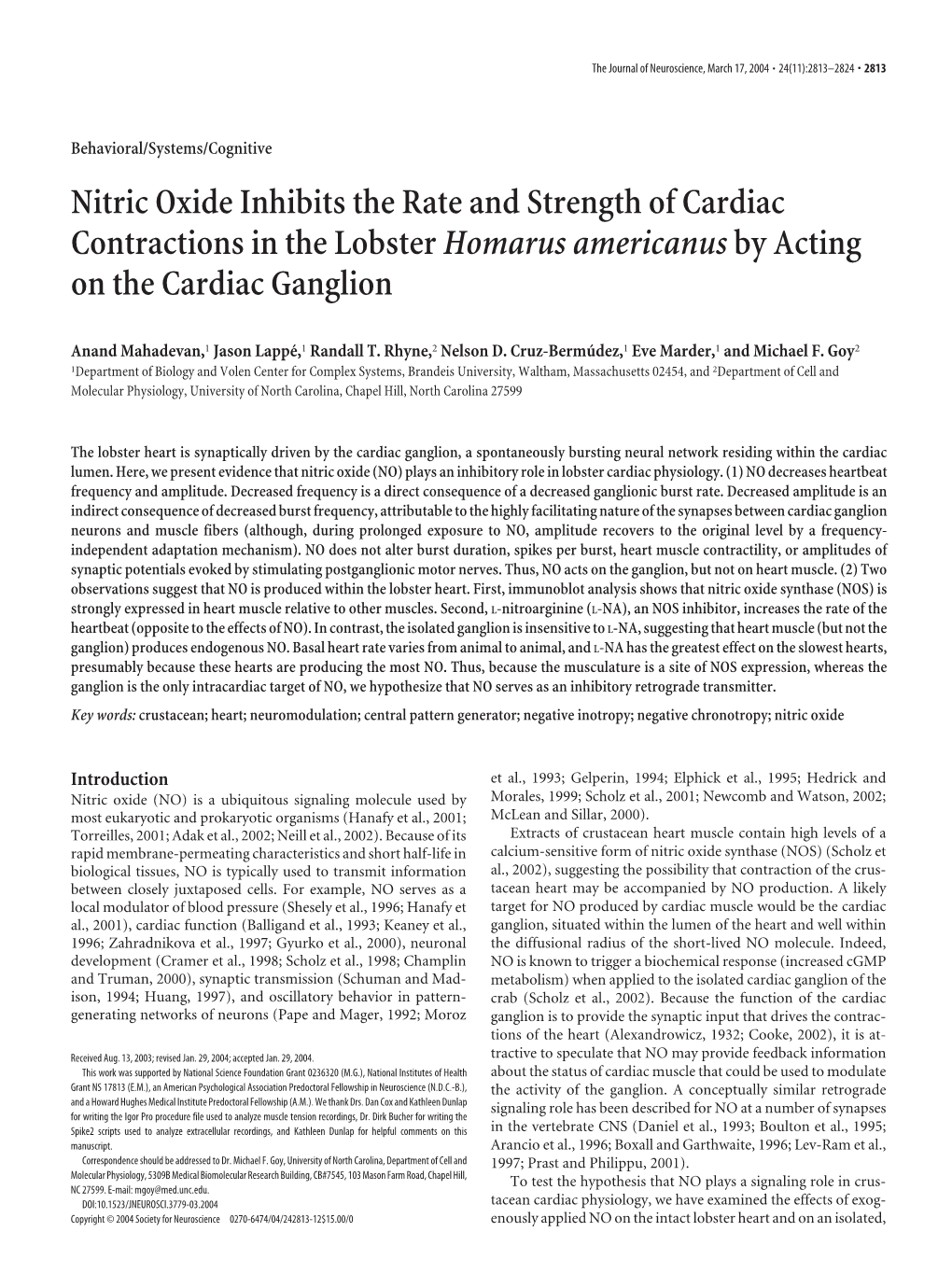 Nitric Oxide Inhibits the Rate and Strength of Cardiac Contractions in the Lobster Homarus Americanus by Acting on the Cardiac Ganglion