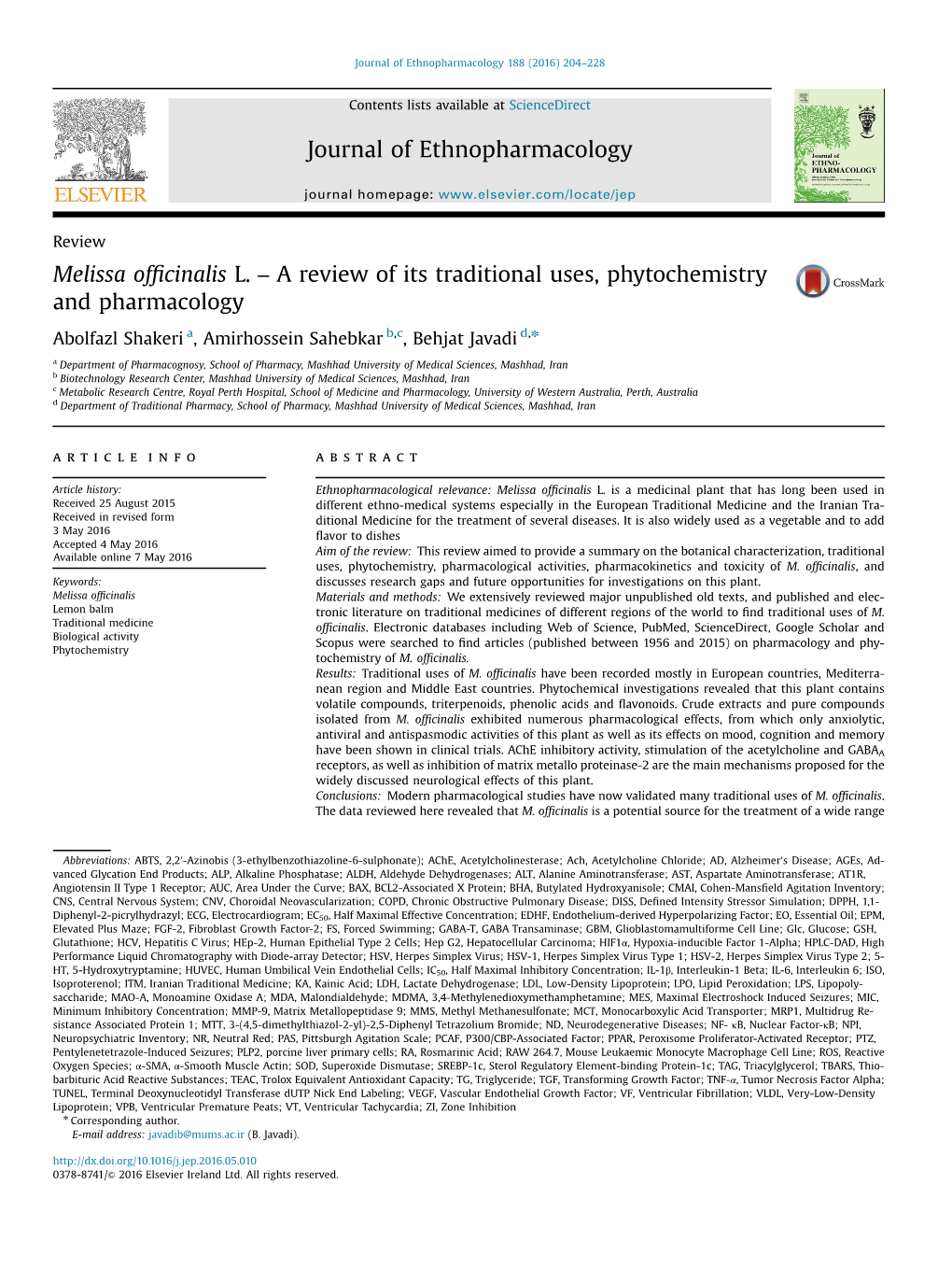 Melissa Officinalis L. – a Review of Its Traditional Uses, Phytochemistry And