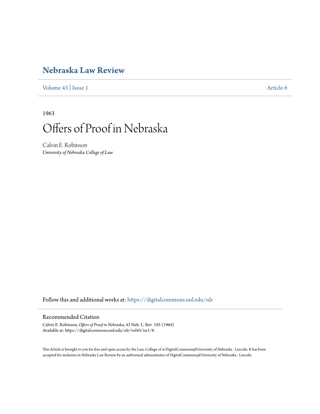 Offers of Proof in Nebraska Calvin E