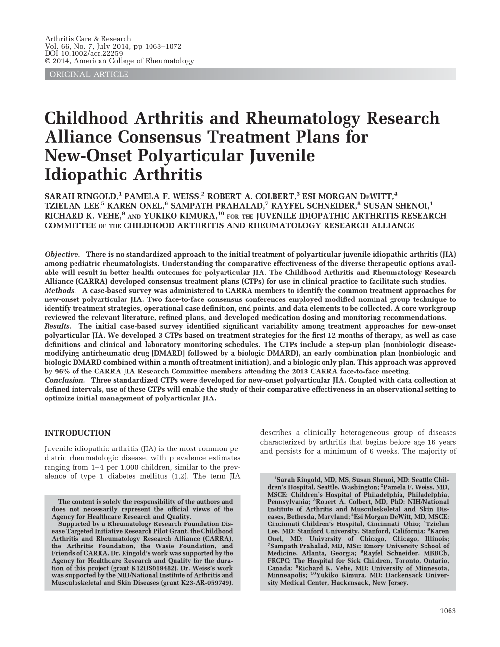 Childhood Arthritis and Rheumatology Research Alliance Consensus Treatment Plans for New‐Onset Polyarticular Juvenile Idiopath