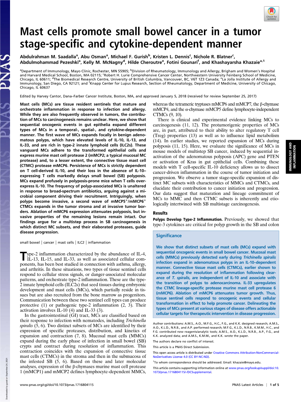 Mast Cells Promote Small Bowel Cancer in a Tumor Stage-Specific and Cytokine-Dependent Manner