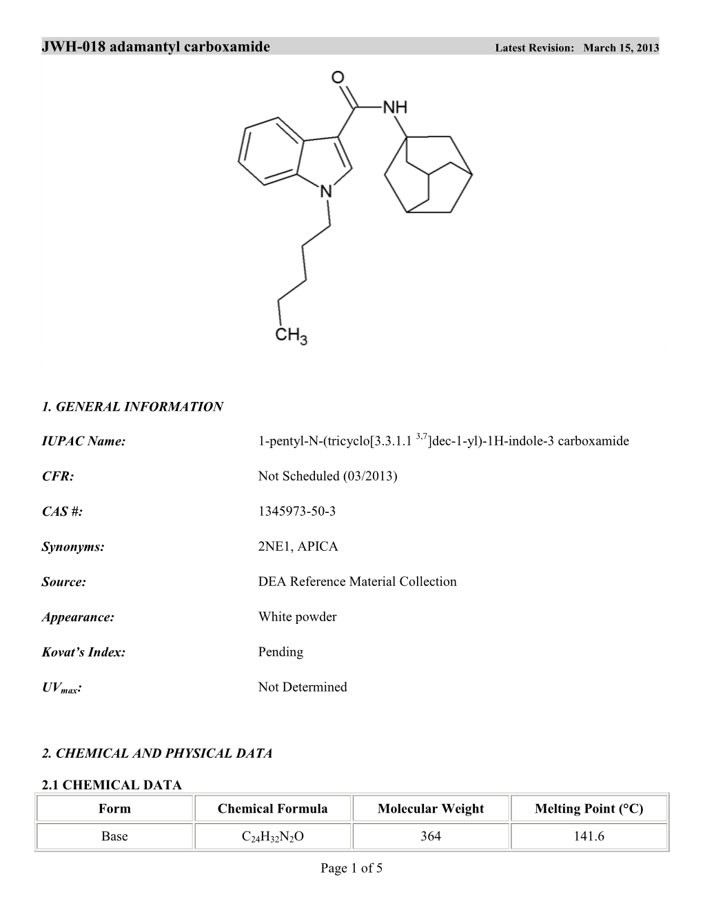 JWH-018 Adamantyl Carboxamide Latest Revision: March 15, 2013