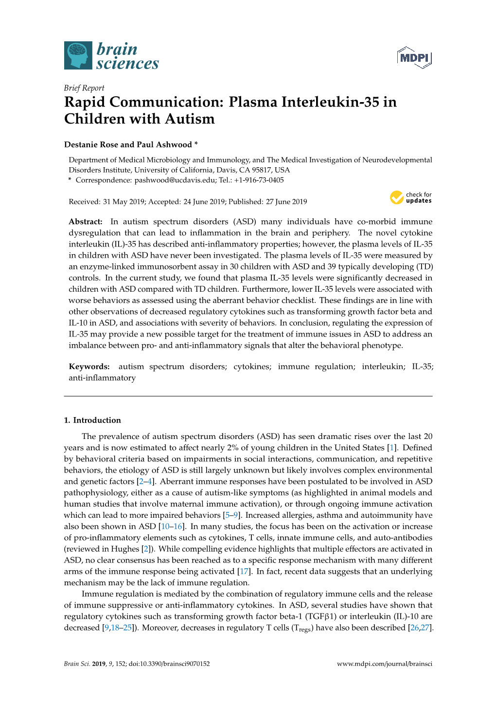 Rapid Communication: Plasma Interleukin-35 in Children with Autism