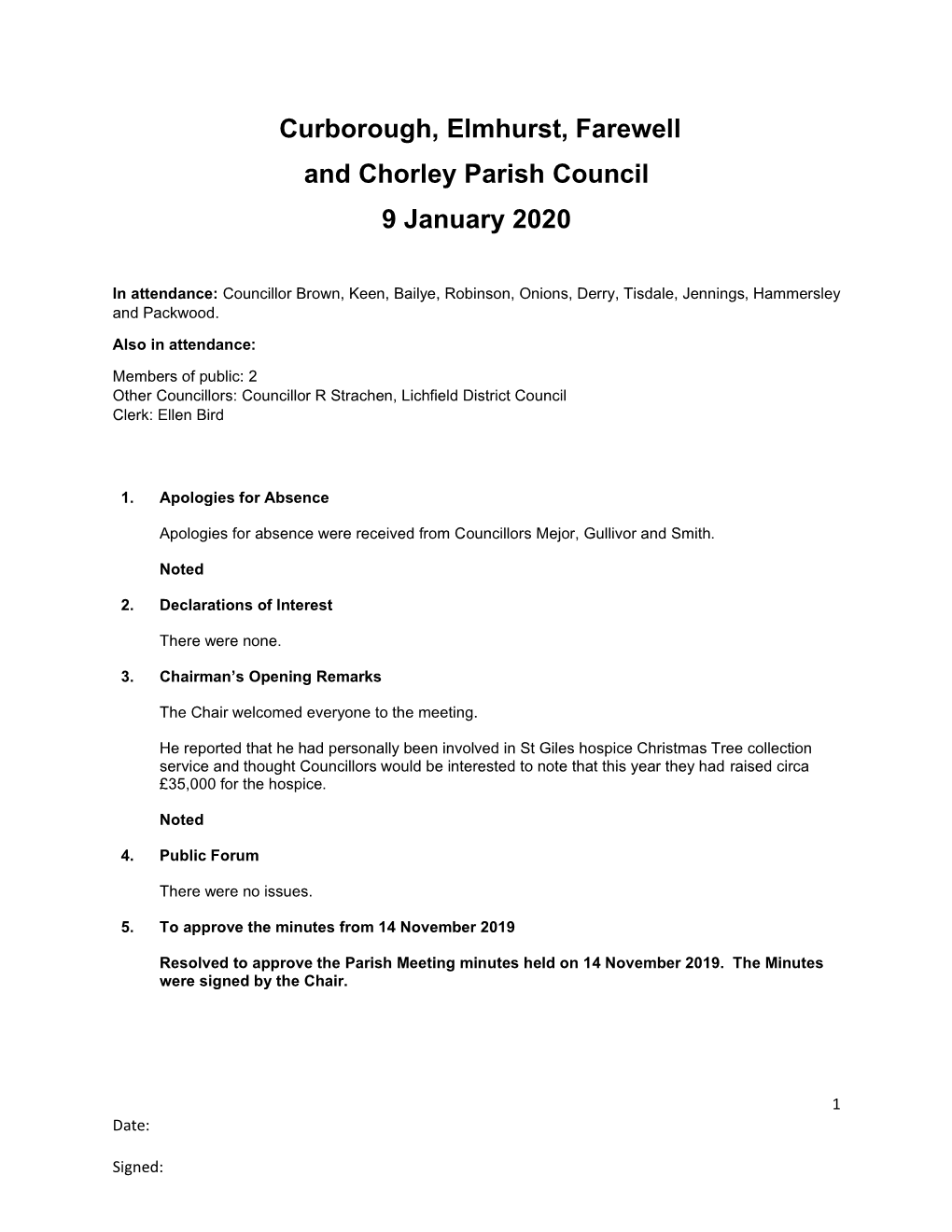 Curborough, Elmhurst, Farewell and Chorley Parish Council 9 January 2020