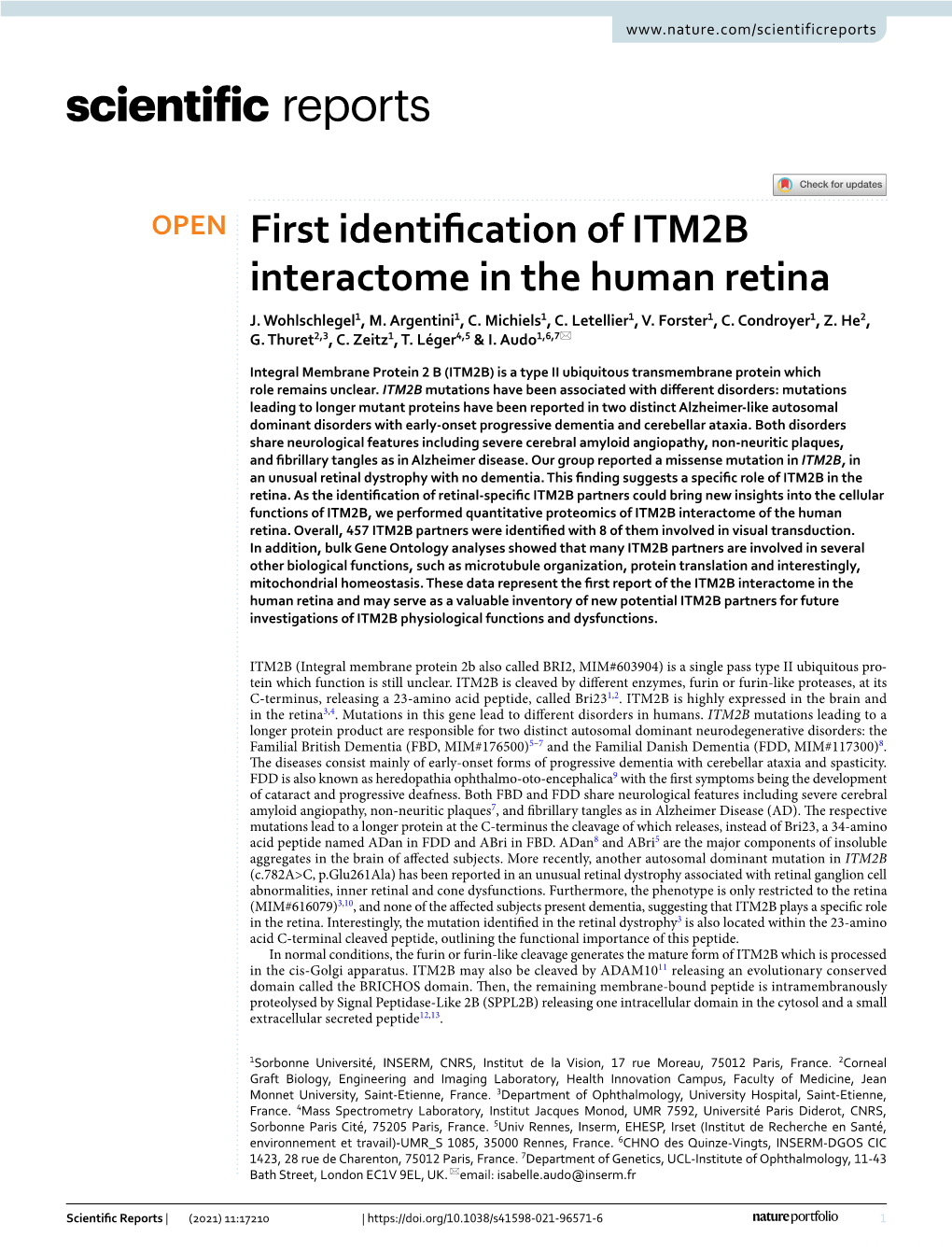 First Identification of ITM2B Interactome in the Human Retina