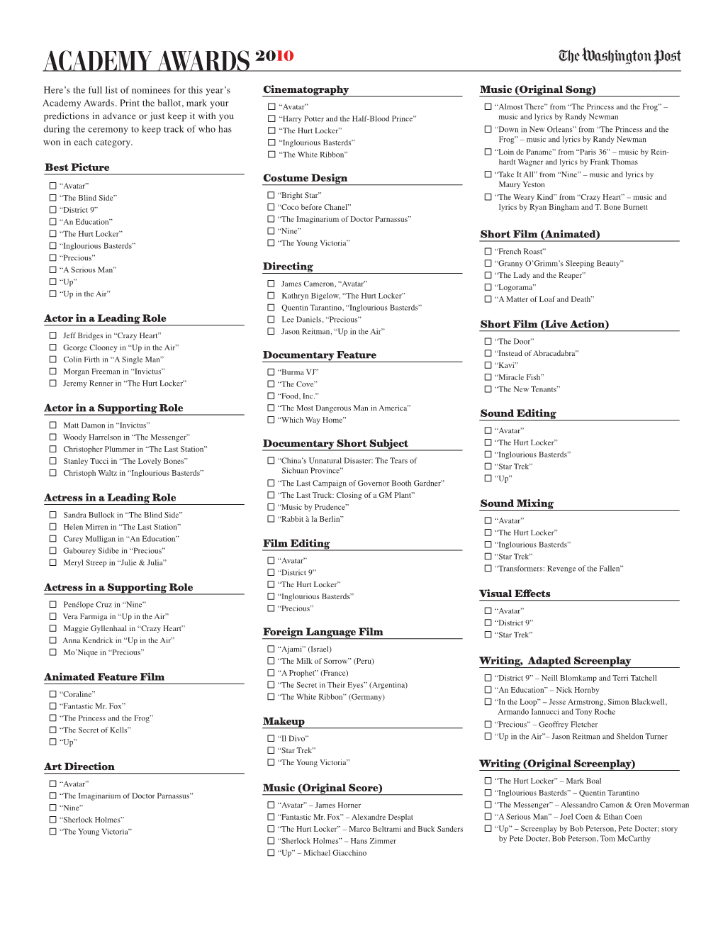 ACADEMY AWARDS 2010 Here’S the Full List of Nominees for This Year’S Cinematography Music (Original Song) Academy Awards