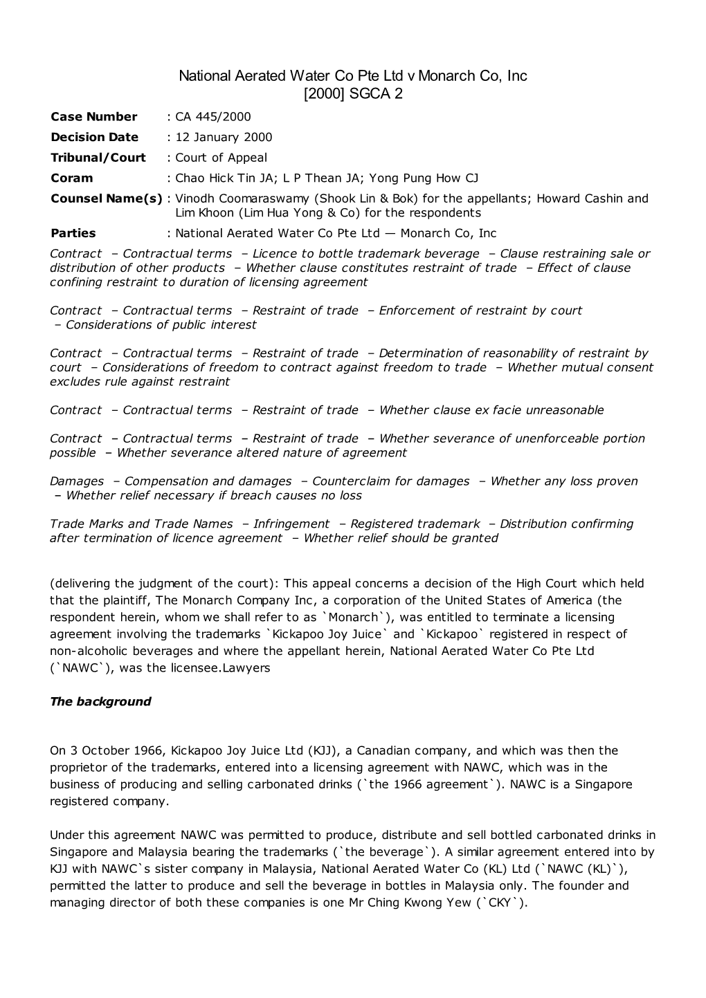 National Aerated Water Co Pte Ltd V Monarch Co