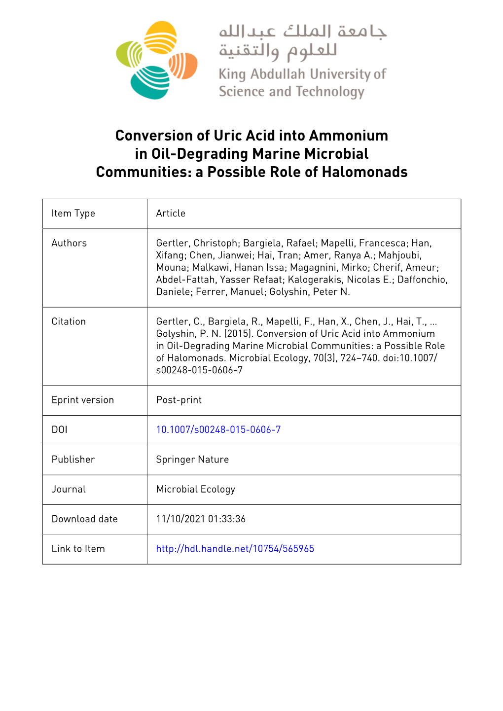 Conversion of Uric Acid Into Ammonium in Oil-Degrading Marine Microbial Communities: a Possible Role of Halomonads