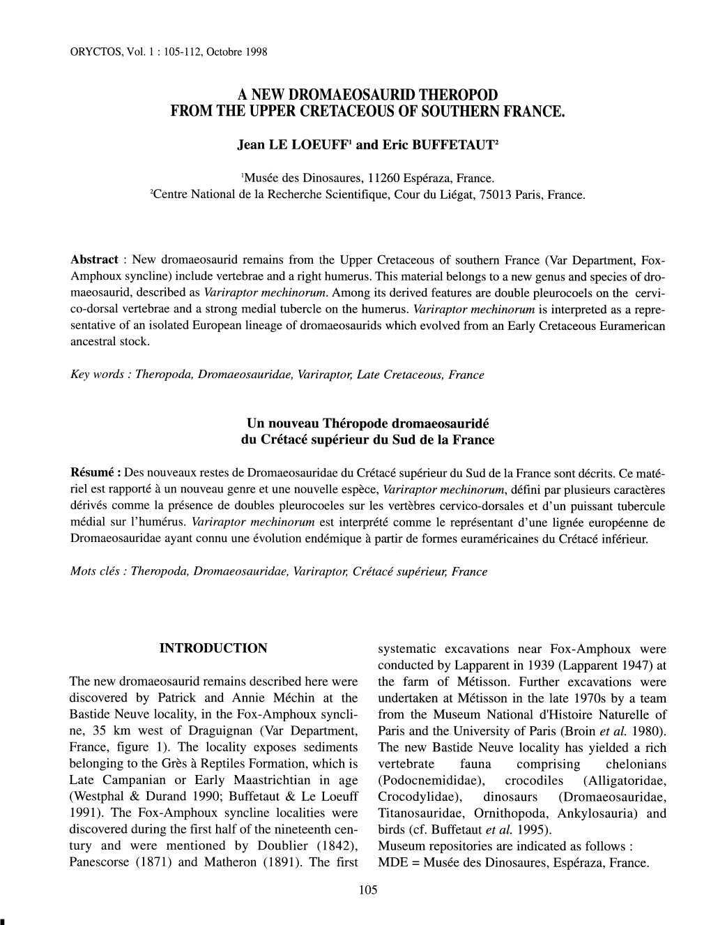 Jean Le Loeuff & Eric Buffetaut, a New Dromaeosaurid Theropod from the Upper Cretaceous of Southern