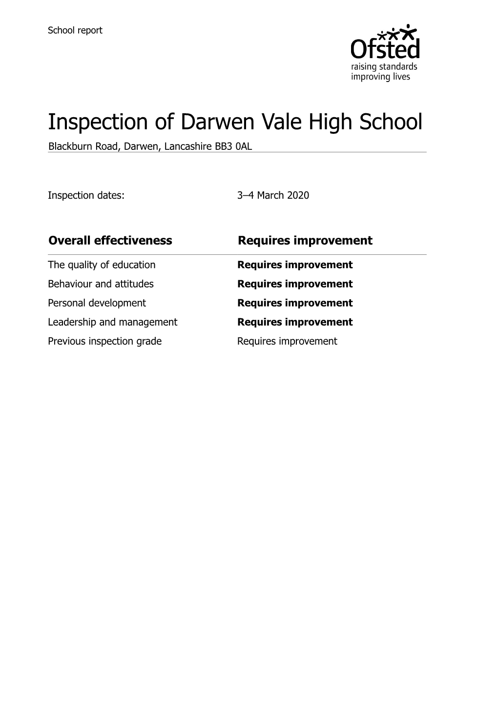 Inspection of Darwen Vale High School Blackburn Road, Darwen, Lancashire BB3 0AL