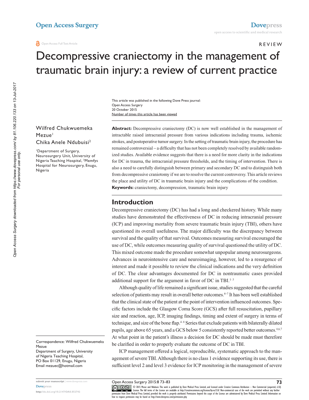 Decompressive Craniectomy in the Management of Traumatic Brain Injury: a Review of Current Practice