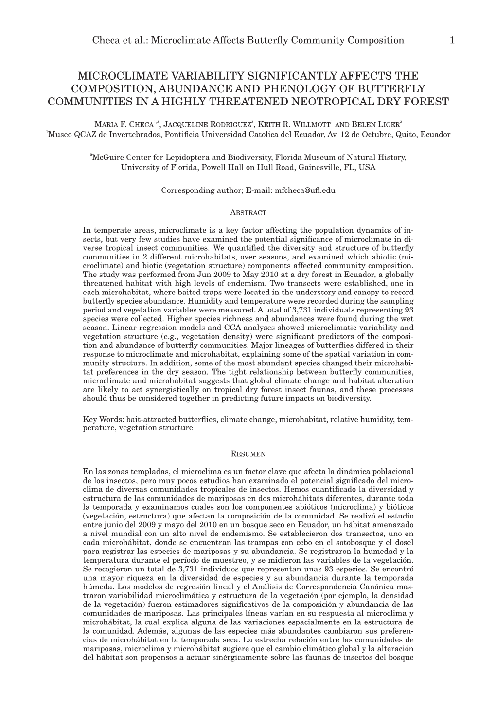 Checa Et Al.: Microclimate Affects Butterfly Community Composition 1