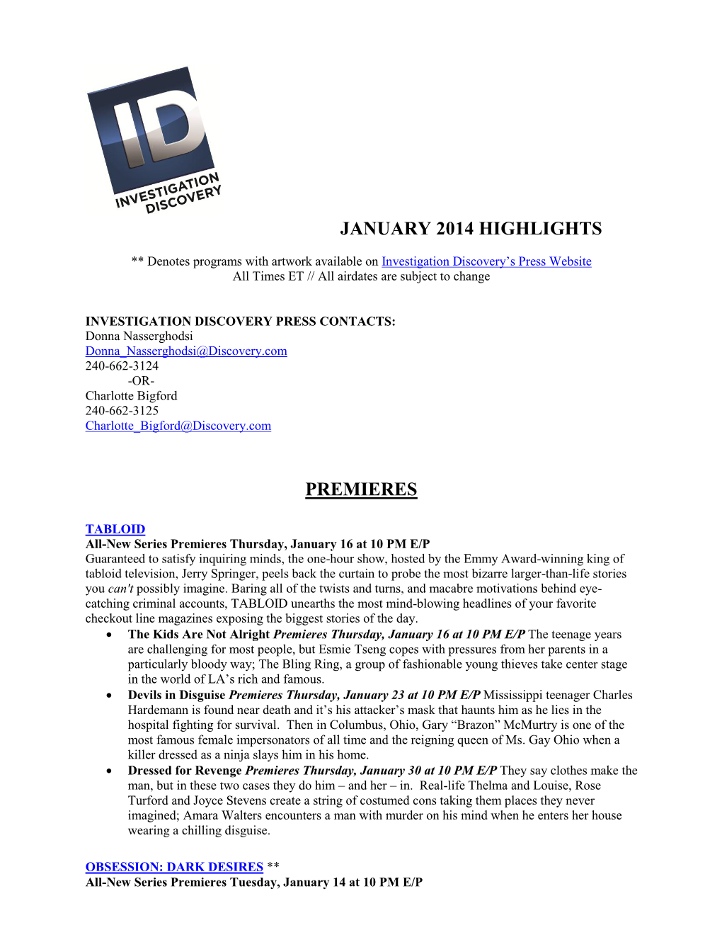 Investigation Discovery's January 2014 Programming Highlights