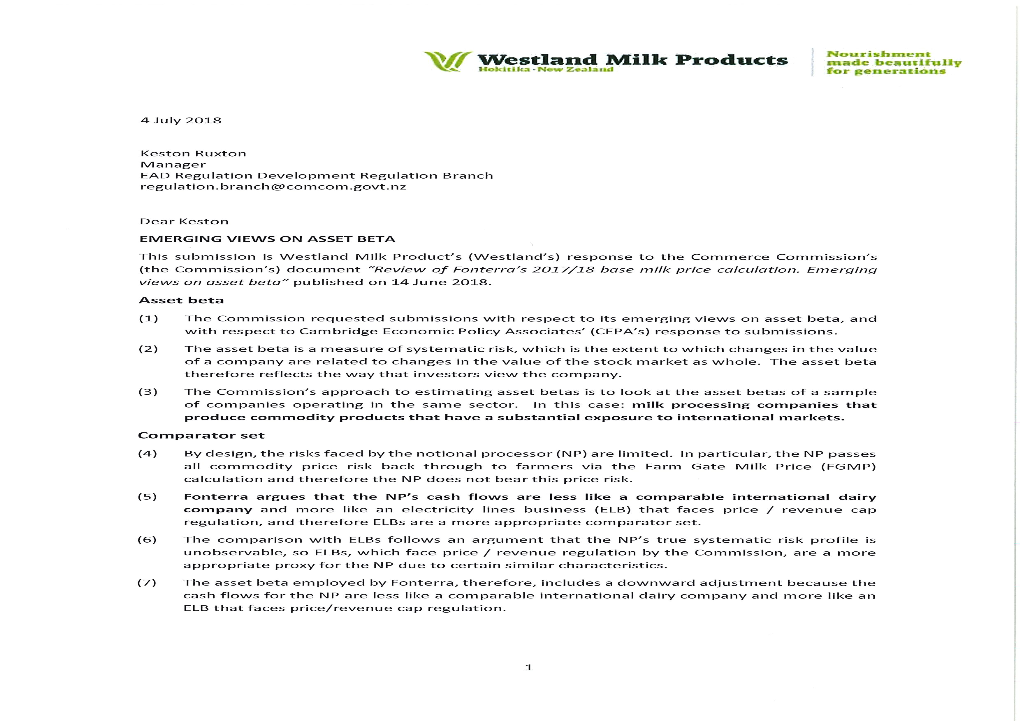 Westland Milk Products – Submission on Emerging Views Paper on Asset Beta