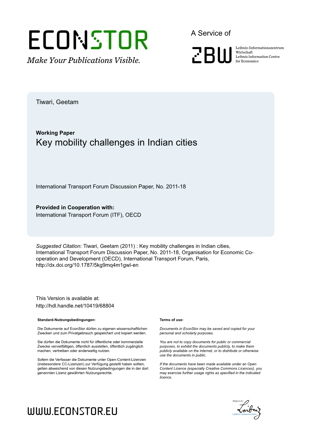 Key Mobility Challenges in Indian Cities