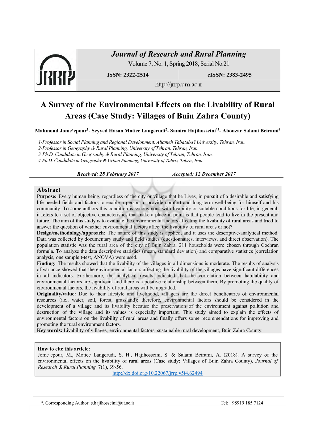 A Survey of the Environmental Effects on the Livability of Rural Areas (Case Study: Villages of Buin Zahra County)