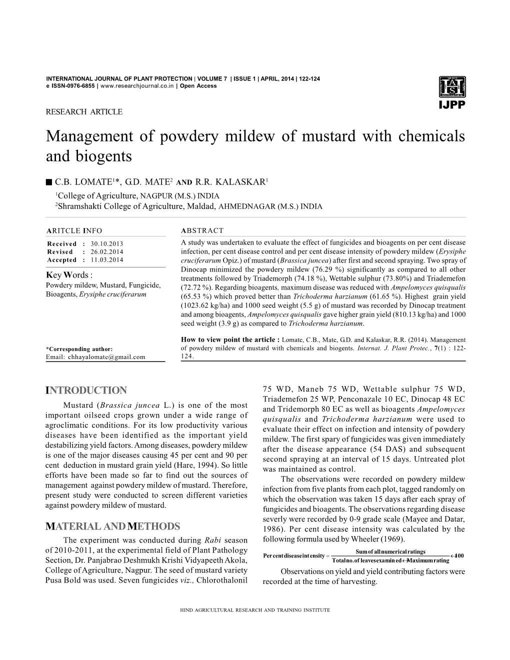 Management of Powdery Mildew of Mustard with Chemicals and Biogents