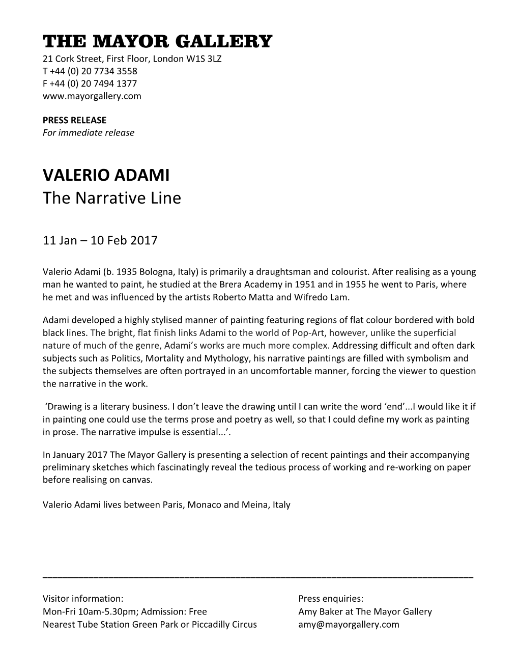 THE MAYOR GALLERY VALERIO ADAMI the Narrative Line