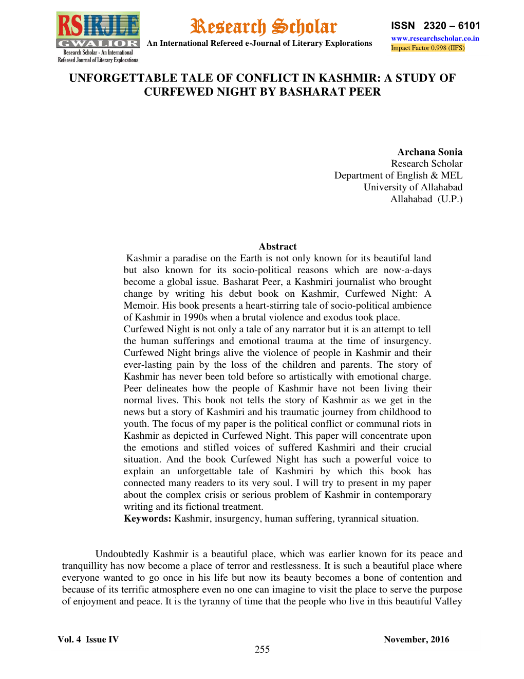 Research Scholar ISSN 2320 – 6101 an International Refereed E-Journal of Literary Explorations Impact Factor 0.998 (IIFS)