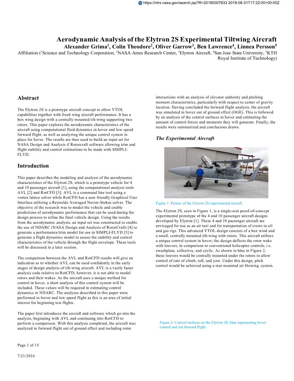 Aerodynamic Analysis of the Elytron 2S Experimental Tiltwing Aircraft