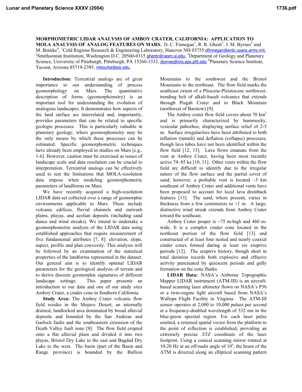 Morphometric Lidar Analysis of Amboy Crater, California: Application to Mola Analysis of Analog Features on Mars