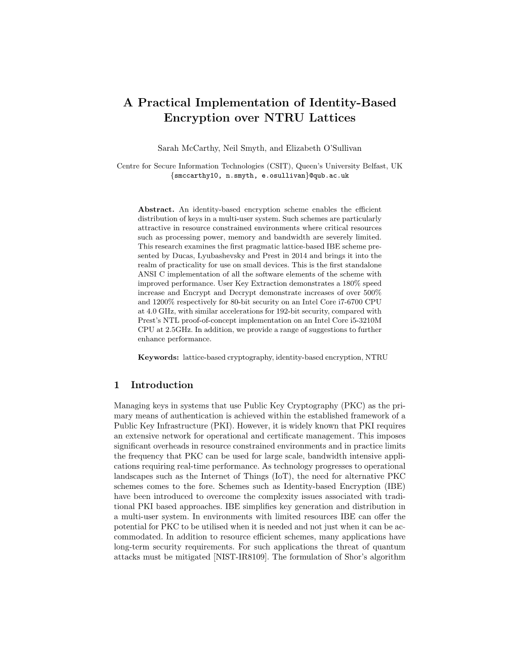 A Practical Implementation of Identity-Based Encryption Over NTRU Lattices