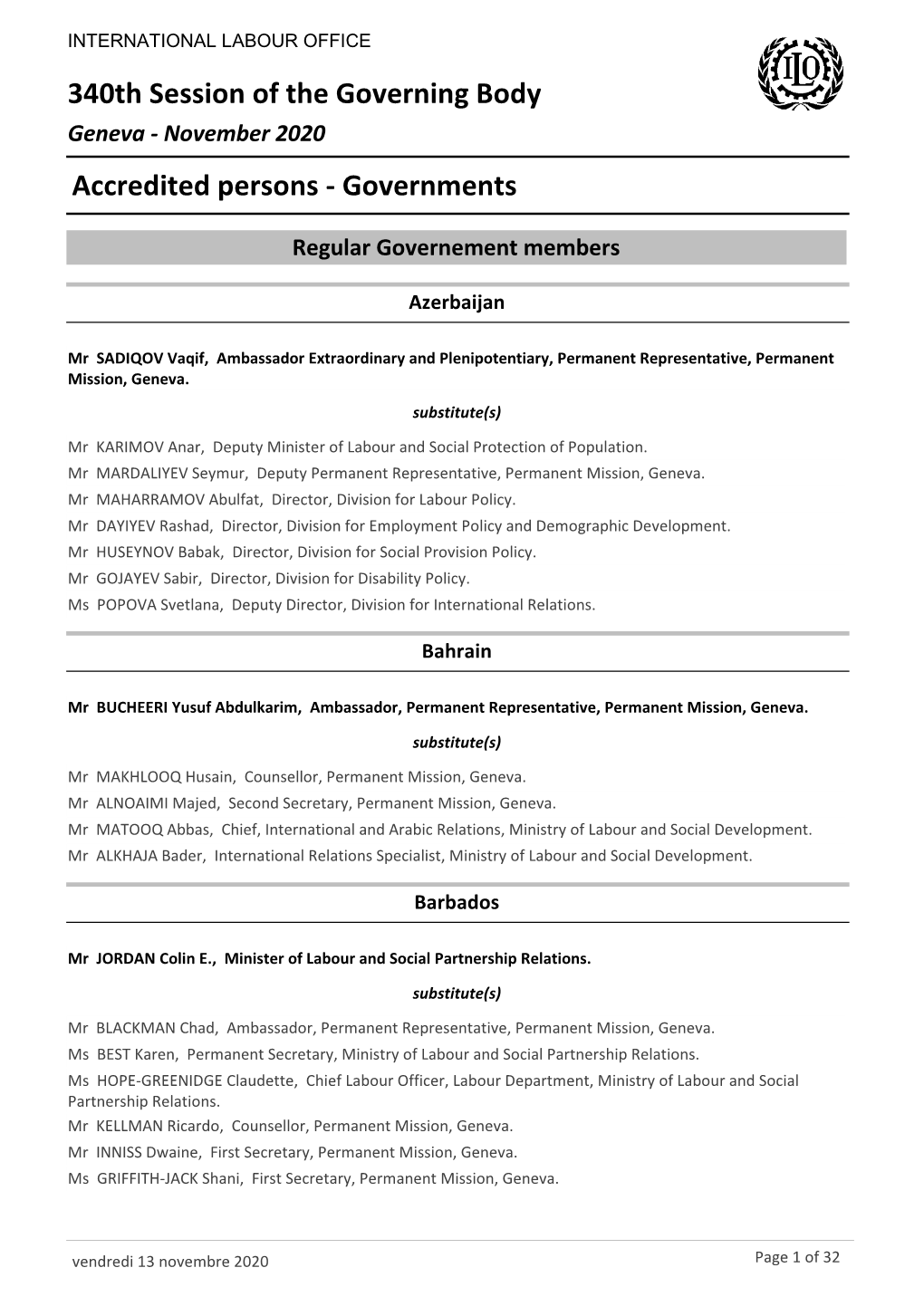 340Th Session of the Governing Body Accredited Persons