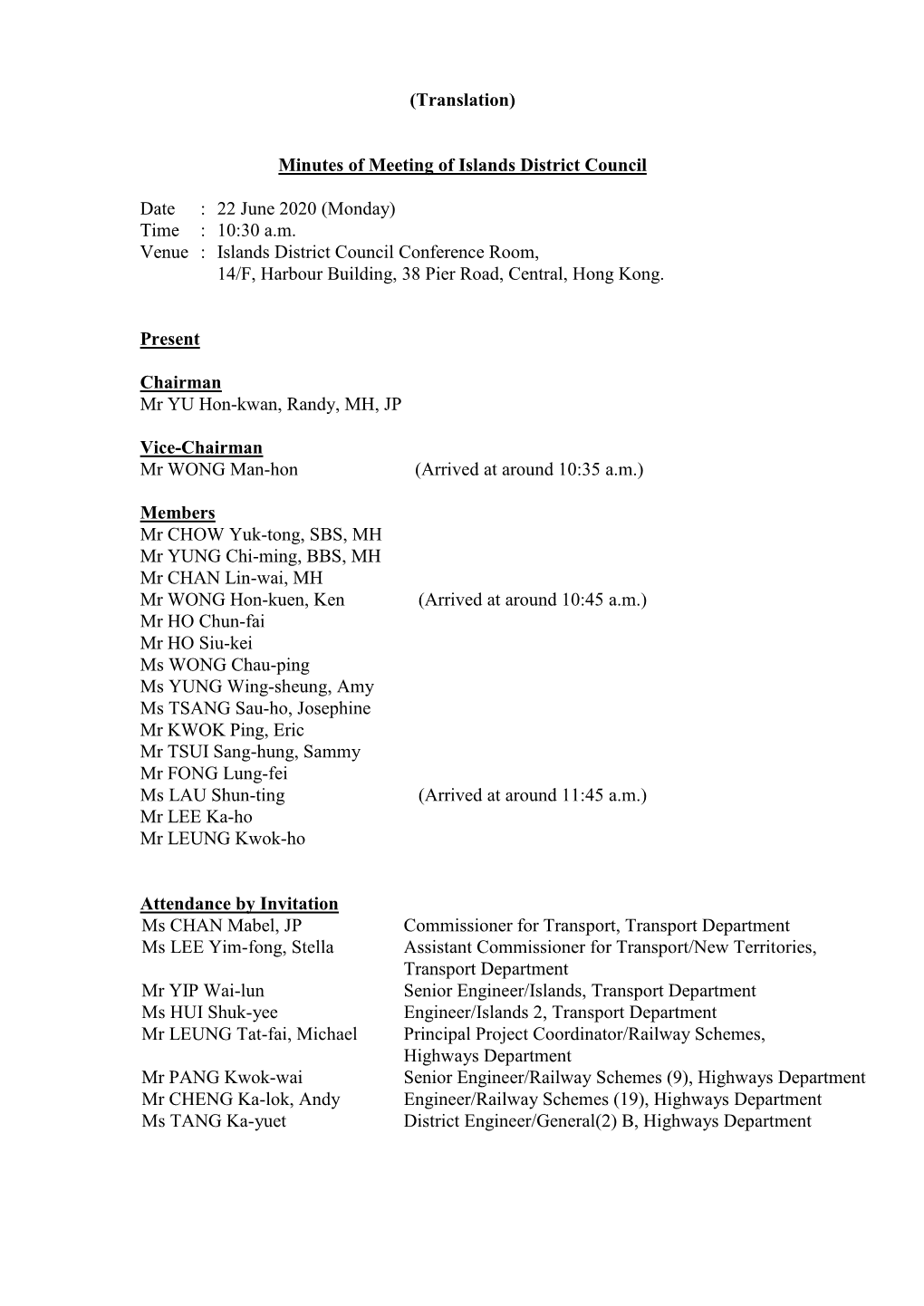 Minutes of Meeting of Islands District Council Date : 22 June 2020