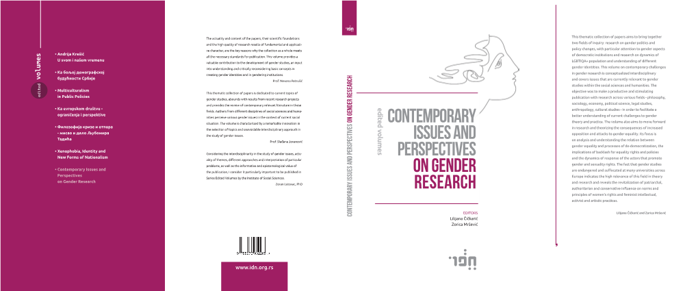 CONTEMPORARY ISSUES and PERSPECTIVES on GENDER RESEARCH Lilijana Čičkarić Zorica Mršević