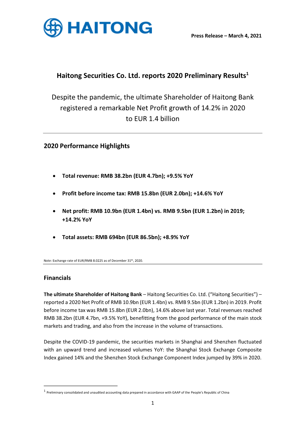 Haitong Securities Co. Ltd. Reports 2020 Preliminary Results1 Despite