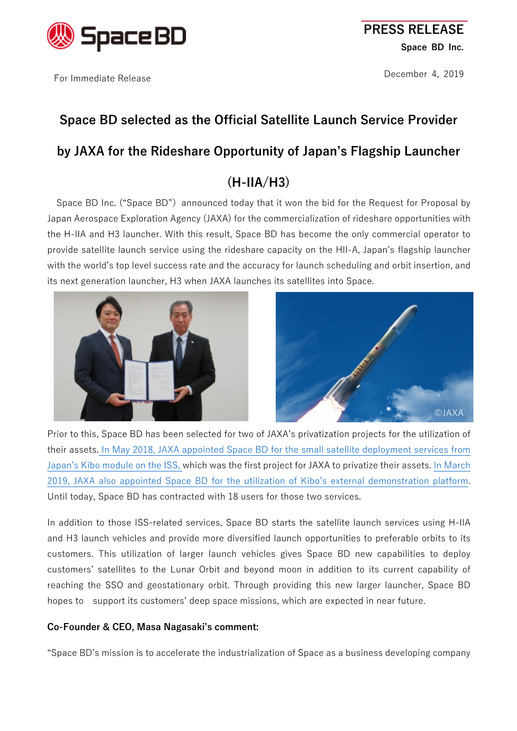 PRESS RELEASE Space BD Selected As the Official Satellite Launch Service Provider by JAXA for the Rideshare Opportunity of Japan