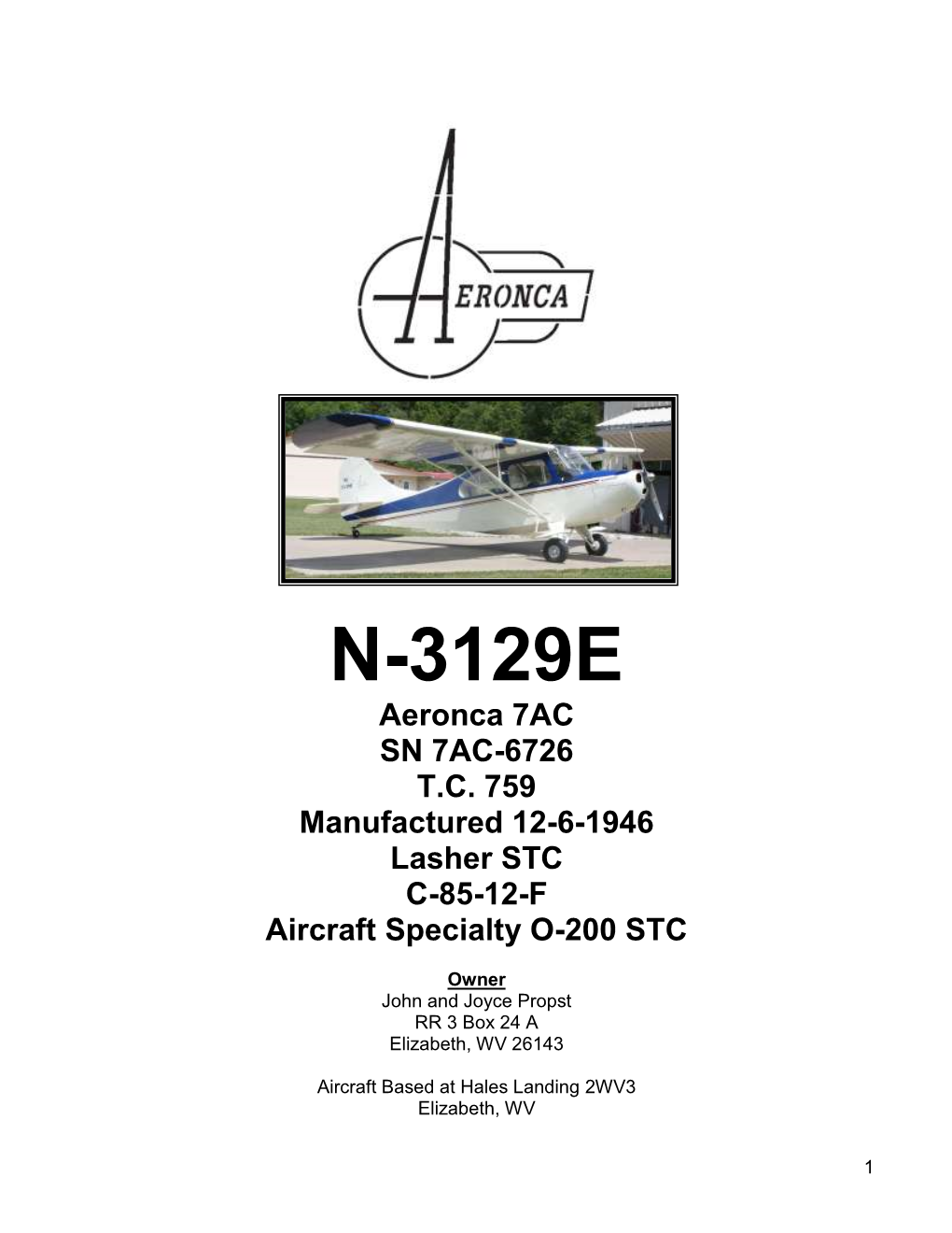 N-3129E Aeronca 7AC SN 7AC-6726 T.C