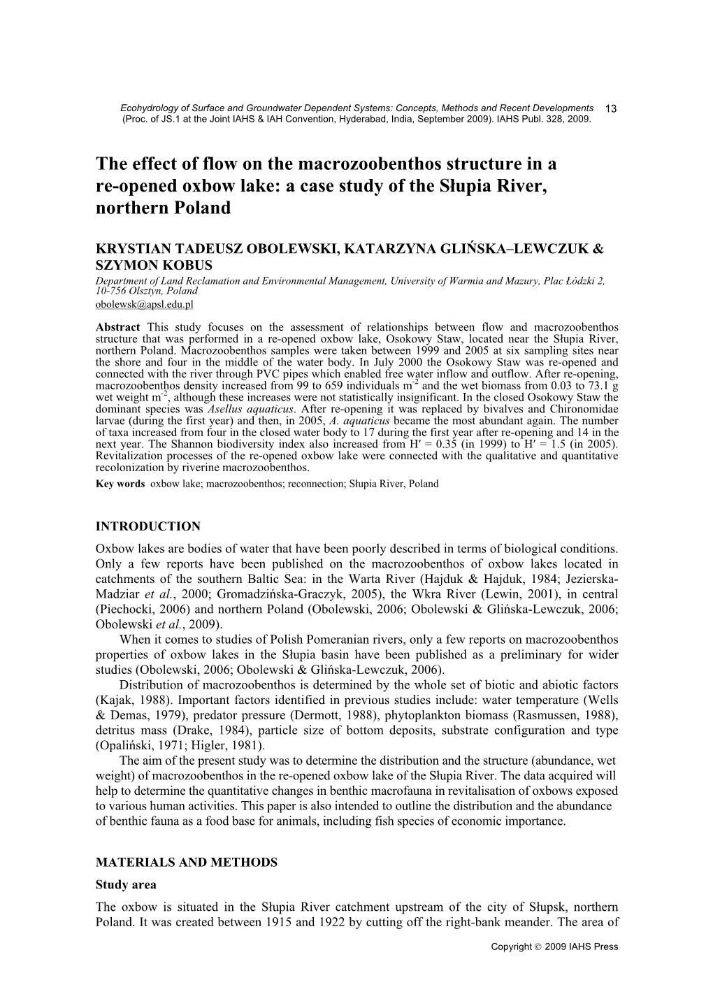 The Effect of Flow on the Macrozoobenthos Structure in a Re-Opened Oxbow Lake: a Case Study of the Słupia River, Northern Poland