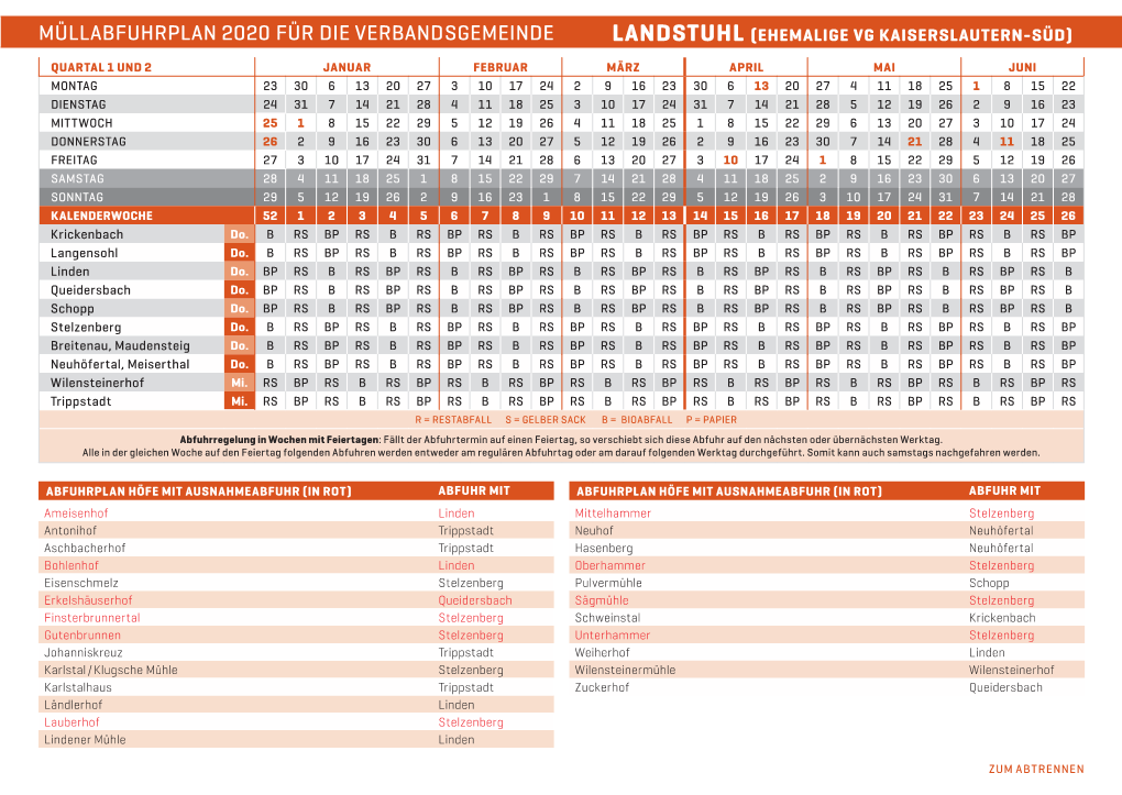 Müllabfuhrplan 2020 Für Die Verbandsgemeinde Landstuhl (Ehemalige VG Kaiserslautern-Süd)