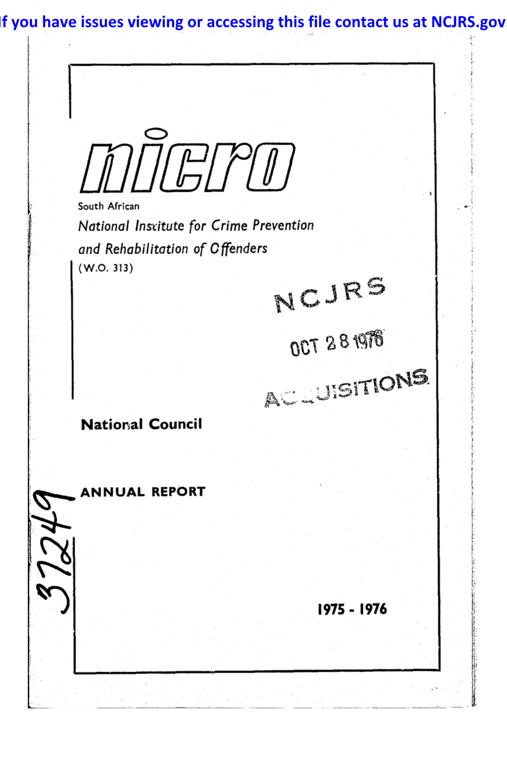 NICRO and REHABILITATION of OFFENDERS (Registered Under the Welfare Organisations Act: No