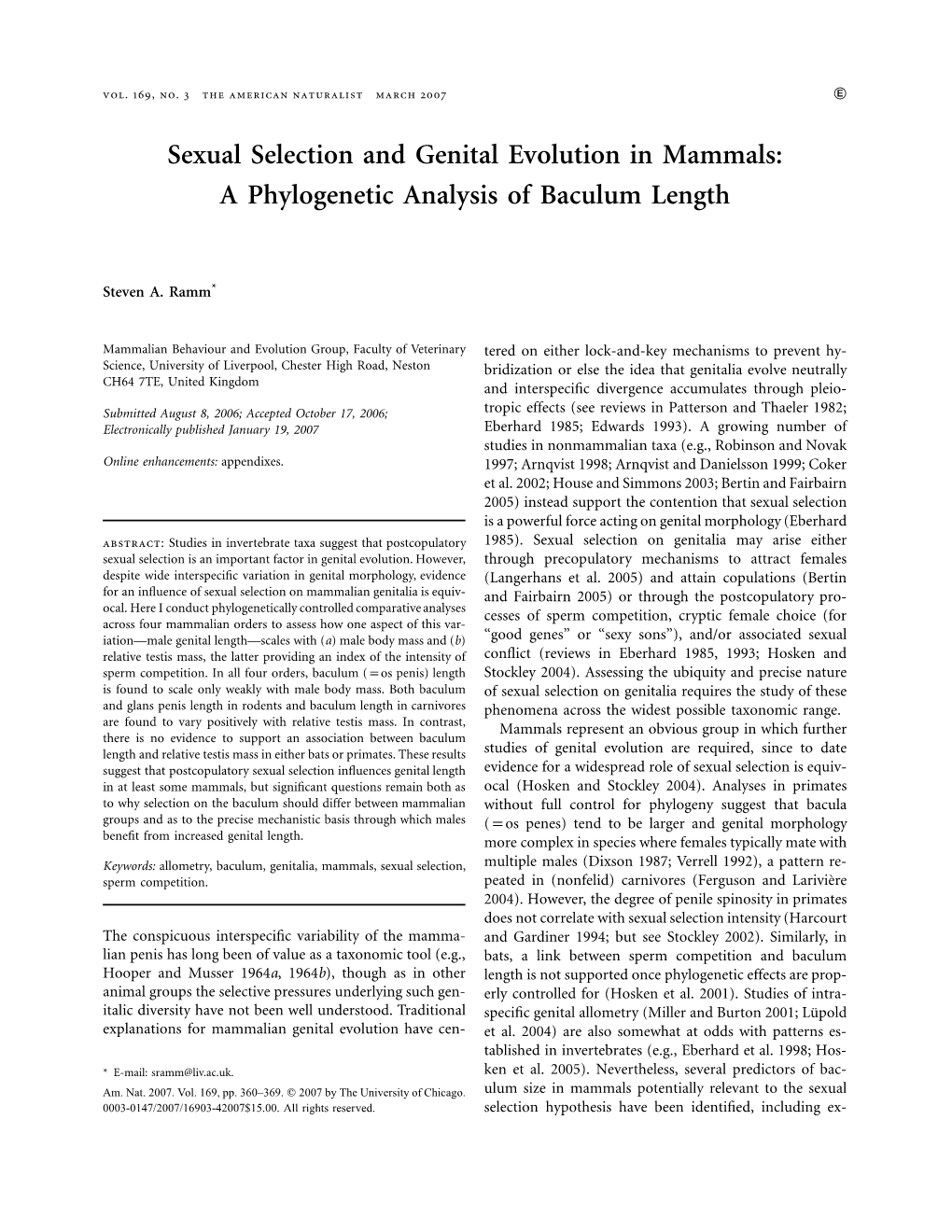 Sexual Selection and Genital Evolution in Mammals: a Phylogenetic Analysis of Baculum Length