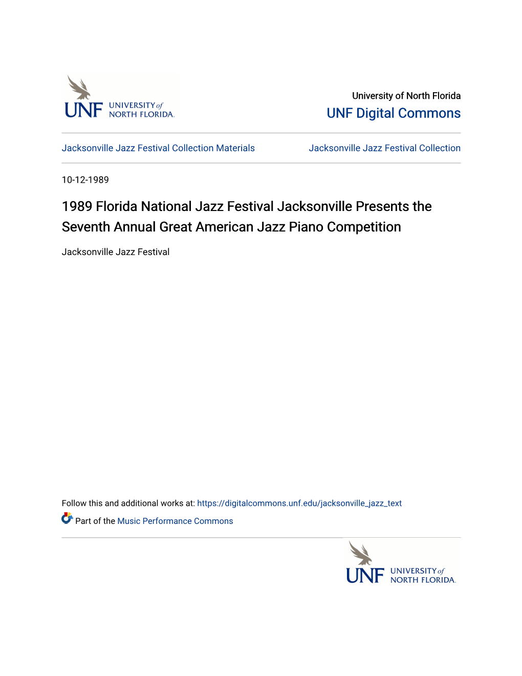 1989 Florida National Jazz Festival Jacksonville Presents the Seventh Annual Great American Jazz Piano Competition