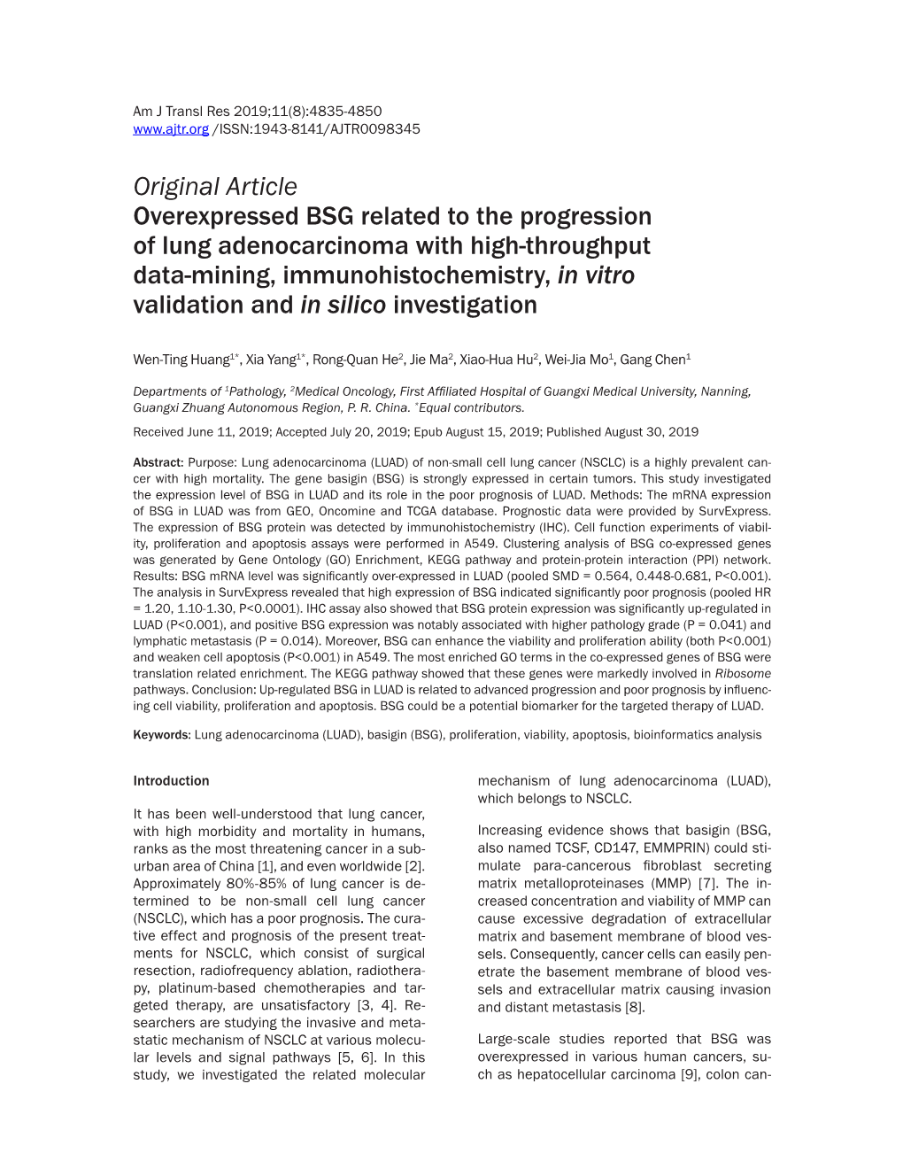 Original Article Overexpressed BSG Related to the Progression of Lung