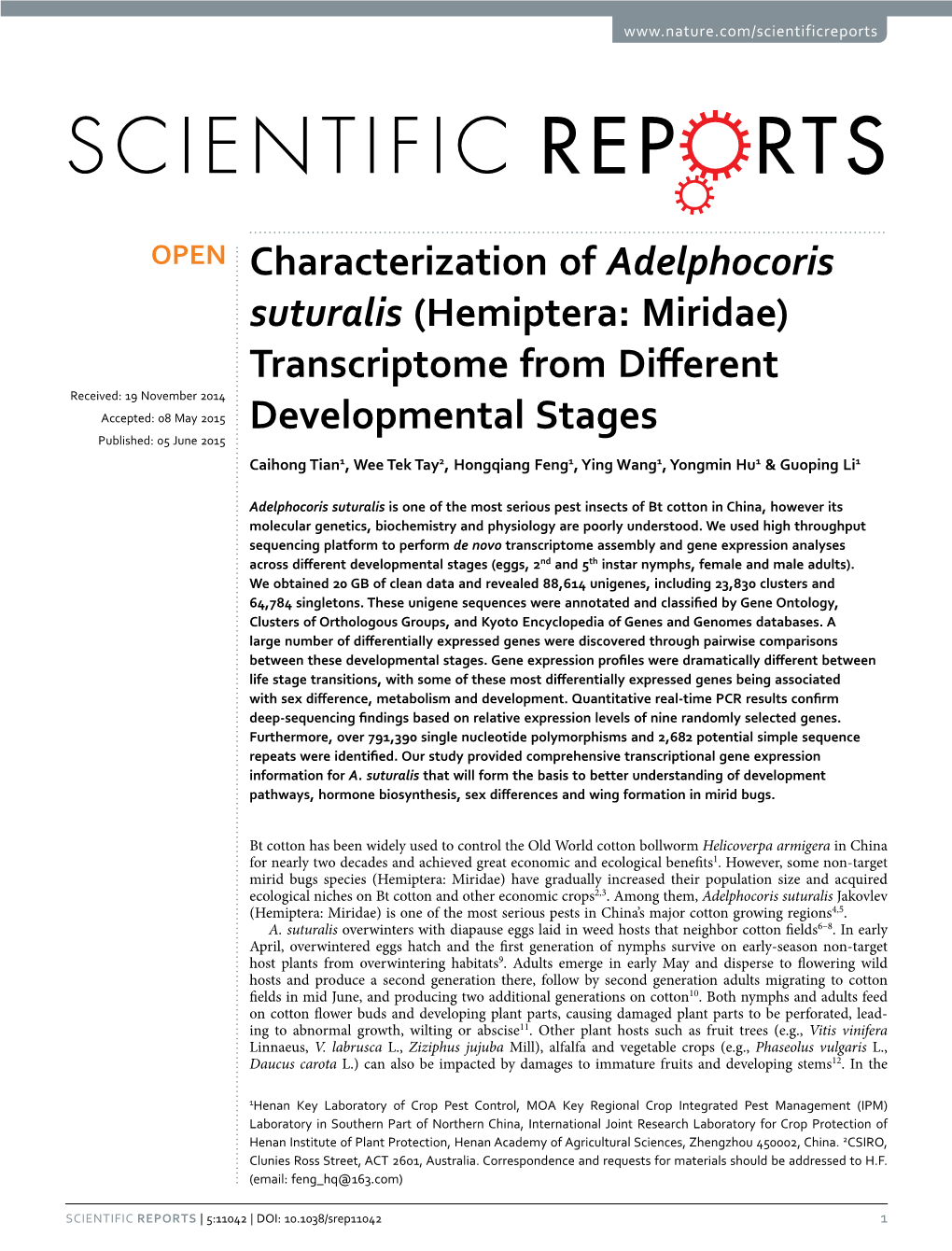 Characterization of Adelphocoris Suturalis (Hemiptera: Miridae) Transcriptome from Different Developmental Stages