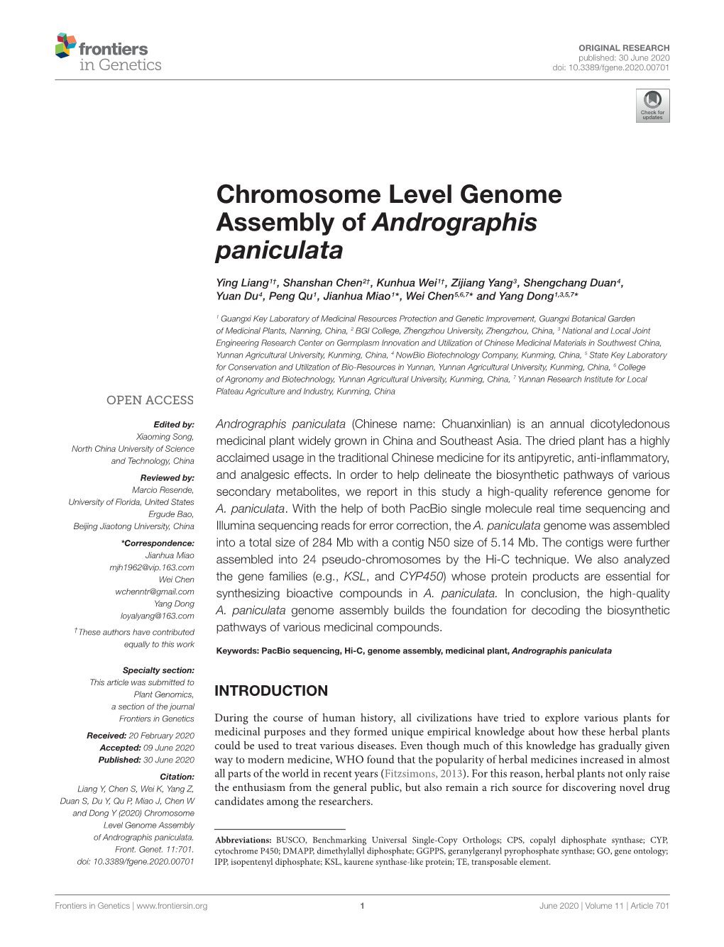 Chromosome Level Genome Assembly of Andrographis Paniculata