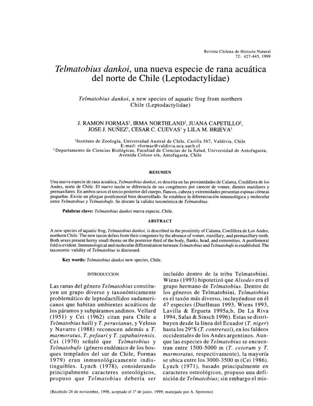 Telmatobius Dankoi, Una Nueva Especie De Rana Acuática Del Norte De Chile (Leptodacty Lidae)