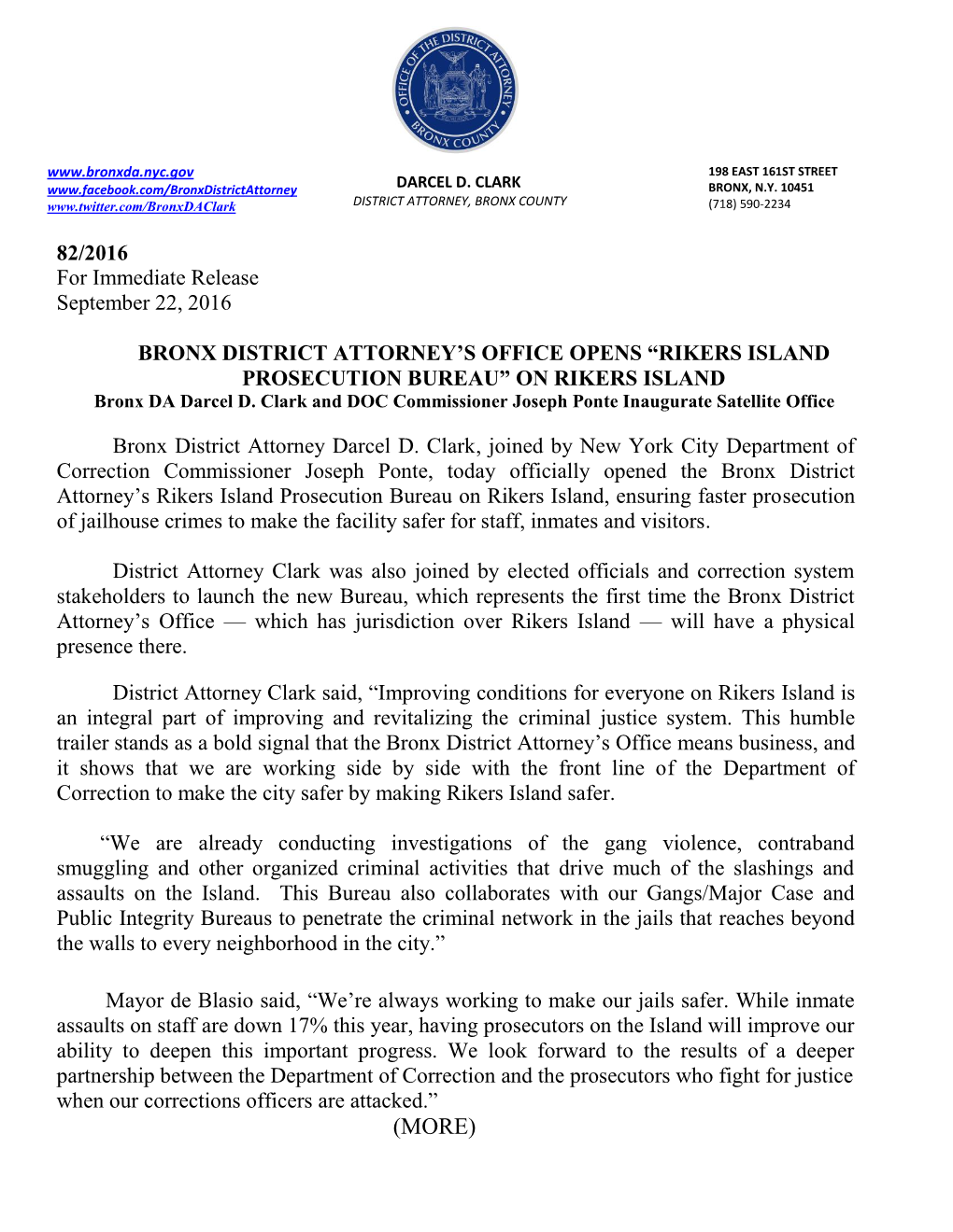 Bronx District Attorney's Office Opens Rikers Island Prosecution Bureau