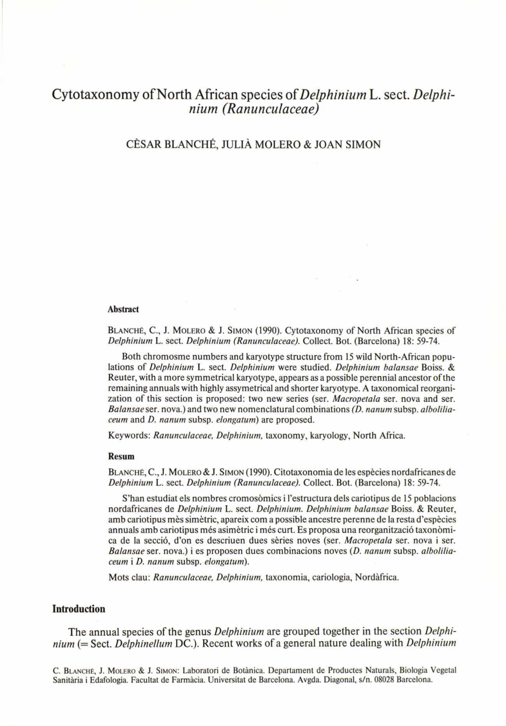 Cytotaxonomy of North African Species of Delphinium L. Sect