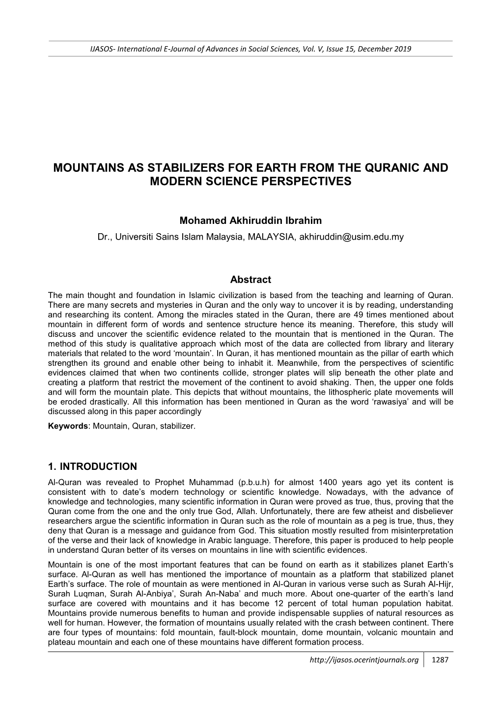 Mountains As Stabilizers for Earth from the Quranic and Modern Science Perspectives