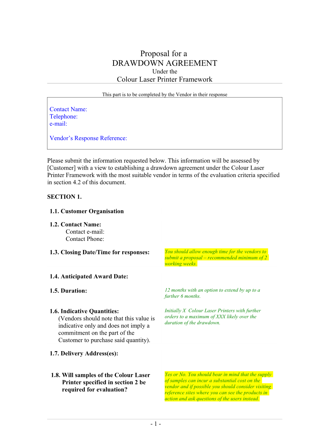 Proposal for a Drawdown Agreement Under the Colour Laser Printer Framework