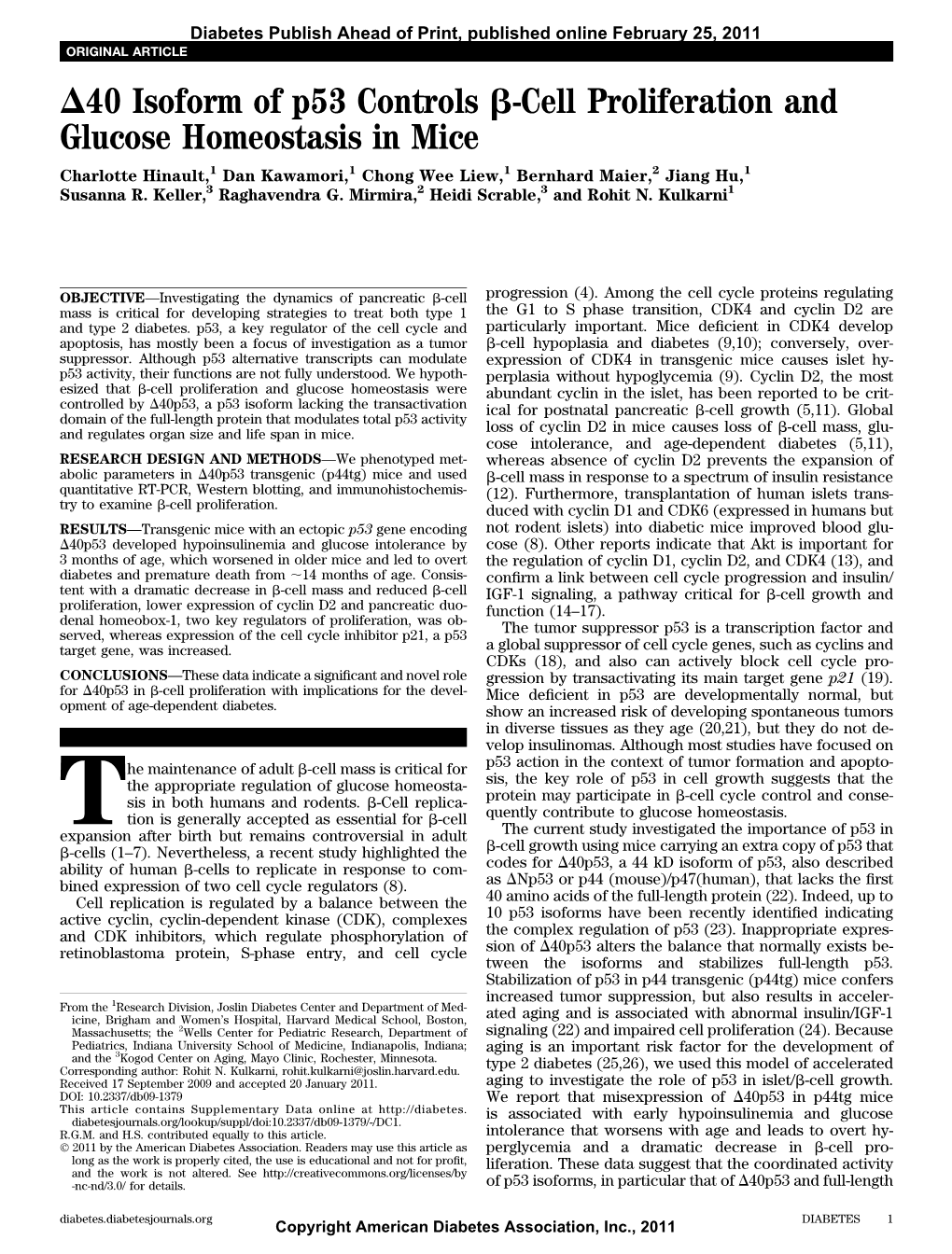 D40 Isoform of P53 Controls B-Cell Proliferation and Glucose Homeostasis in Mice