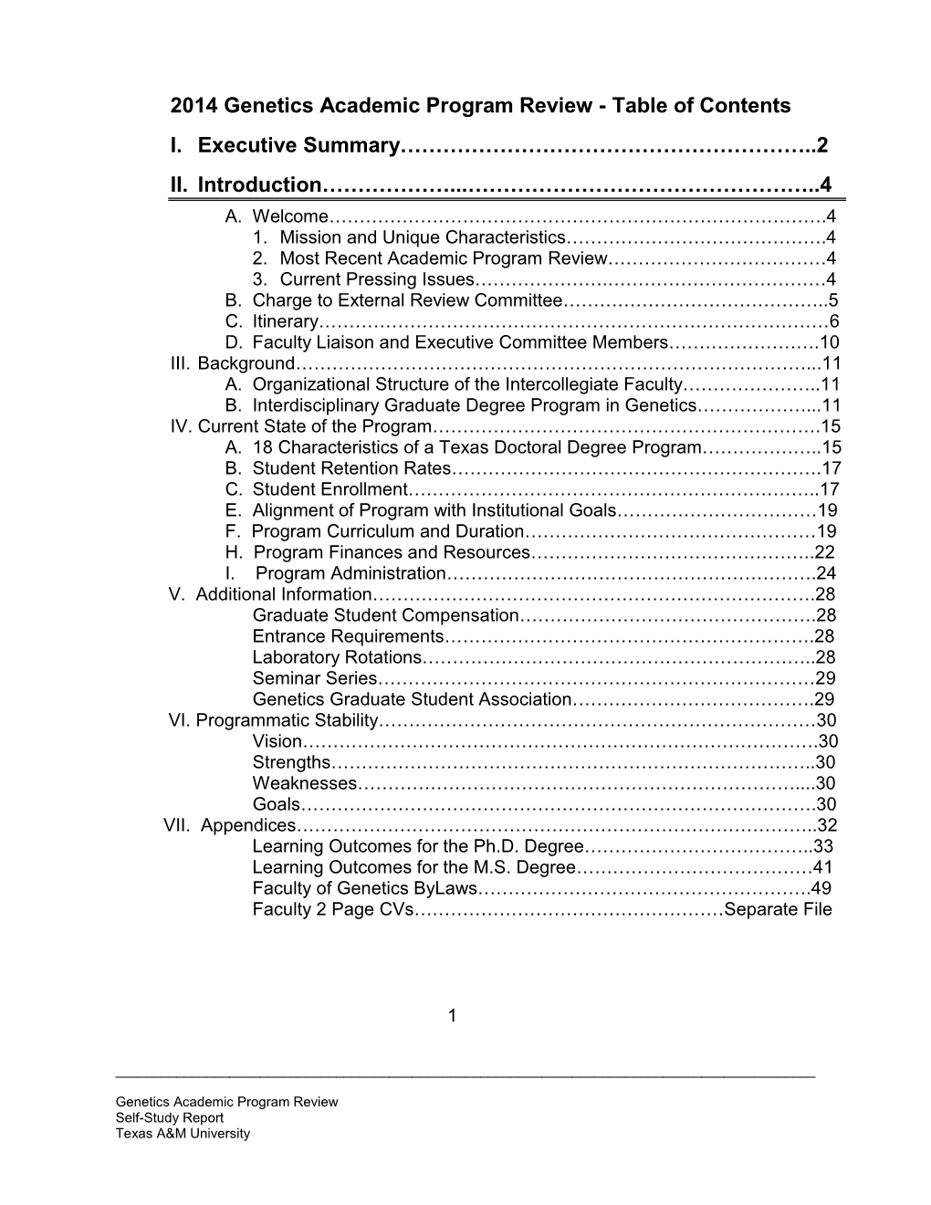2014 Genetics Academic Program Review - Table of Contents I