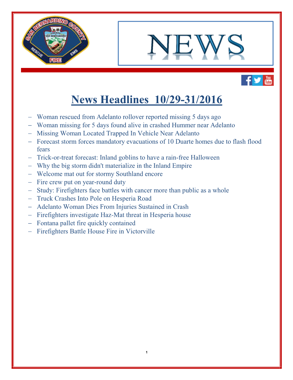 News Headlines 10/29-31/2016